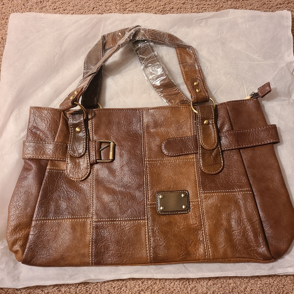 Brown Leather Shoulder Bag with Geometric Patchwork by J. Francis